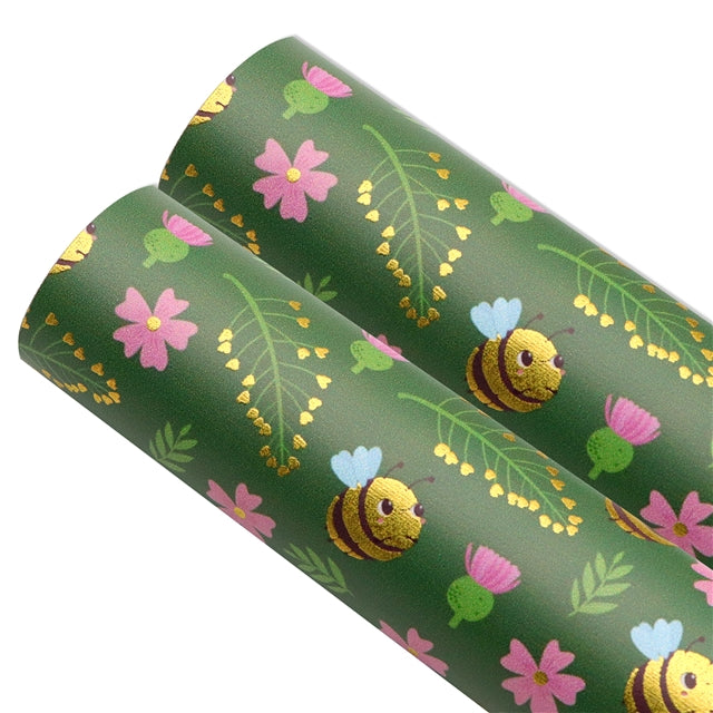 Bees and Flowers Gold Foil Printed Faux Leather Sheet FeeFiFauxLeather