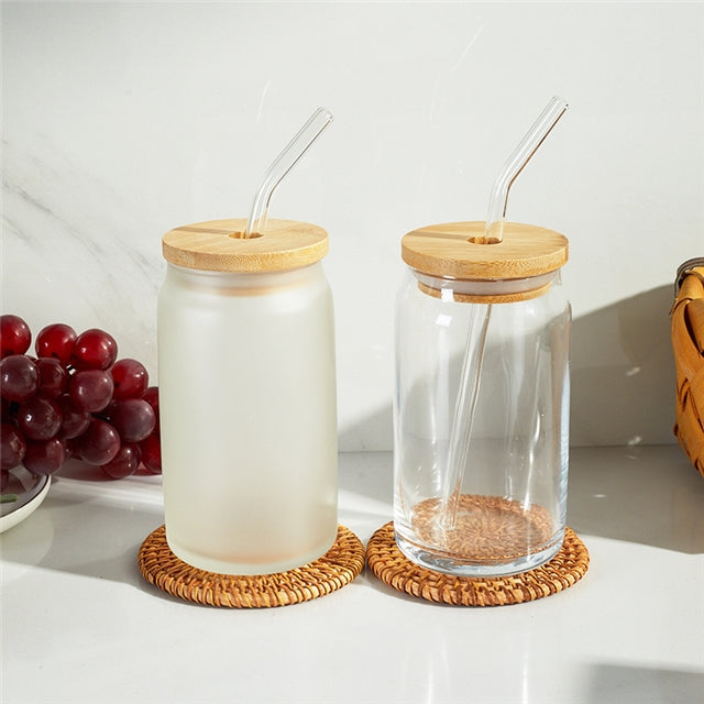 16oz Sublimation Glass Tumbler W/Bamboo Lid Transparent/Clear/Frosted