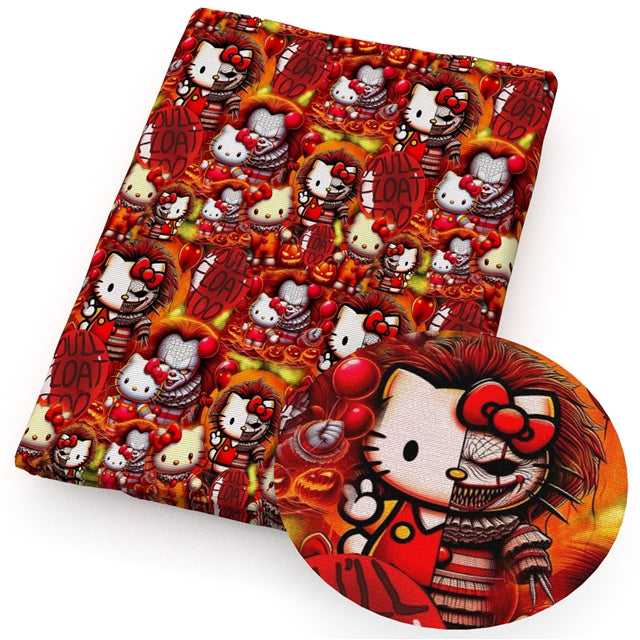 Scary Cat Halloween Printed Faux Leather Sheet Litchi has a pebble like feel with bright colors