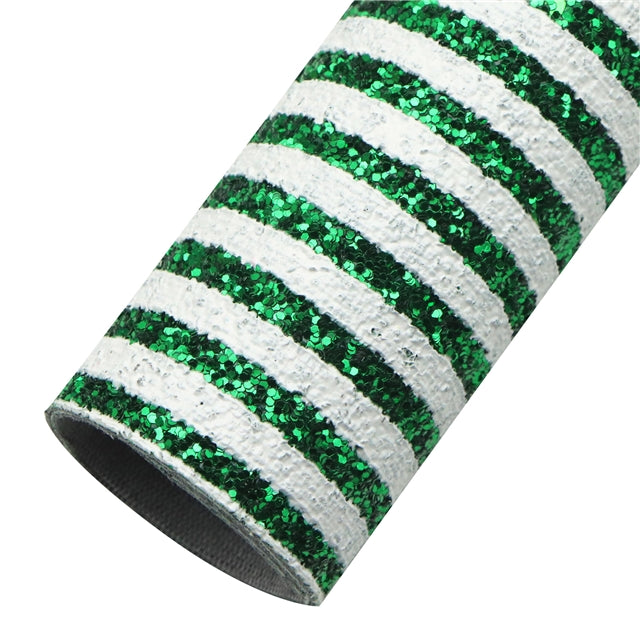 Green and White Stripes Chunky Glitter Christmas Candy Cane FeeFiFauxLeather