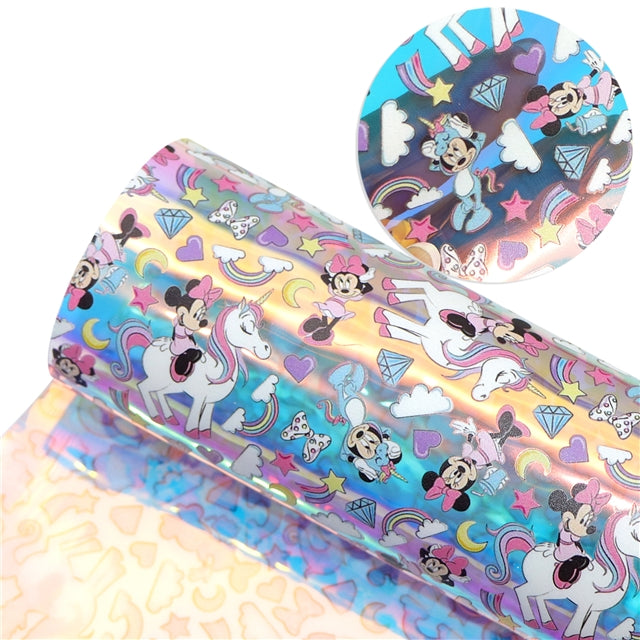 Mouse and Unicorns Holographic Printed Faux Leather Print Sheet