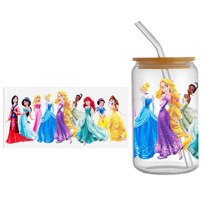 Princesses UV DTF Glass Can Wrap for 16 oz Libbey Glass, Permanent and Ready to Apply, UV dtf Cup Wrap ready to ship, Glass Can Wrap