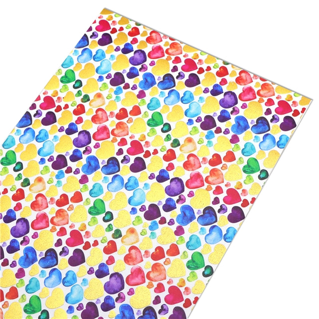 Rainbow Hearts Print Gold Foil Faux Leather Sheet