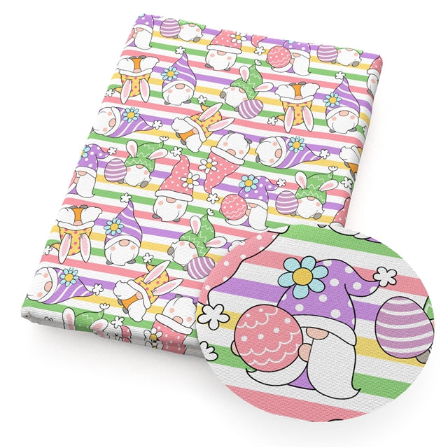 Easter Gnomes Litchi Printed Faux Leather Sheet Litchi has a pebble like feel with bright colors