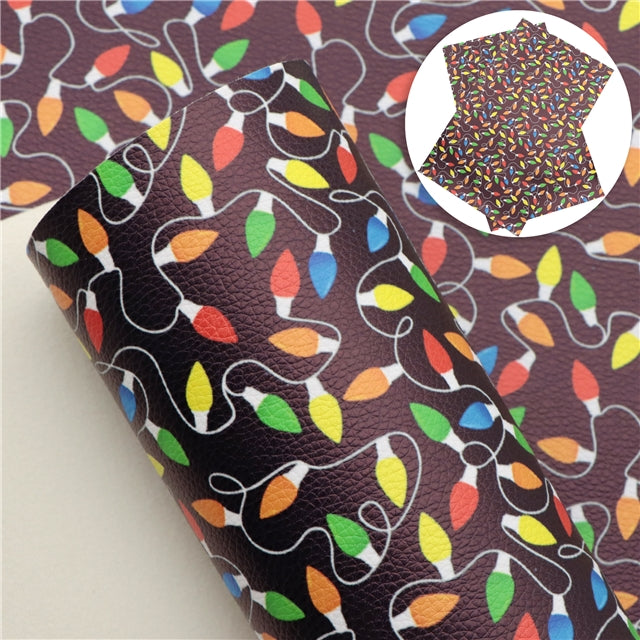 Christmas Lights Litchi Printed Faux Leather Sheet Litchi has a pebble like feel with bright colors