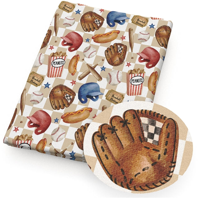 Baseball Printed Faux Leather Sheet Litchi has a pebble like feel with bright colors