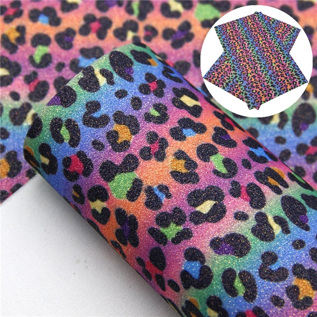 Rainbow Leopard Fine Glitter Printed Faux Leather Print Sheet