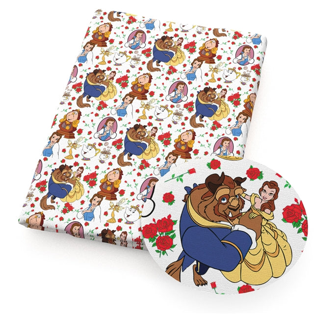 Beauty and The Beast Printed Faux Leather Sheet Litchi has a pebble like feel with bright colors