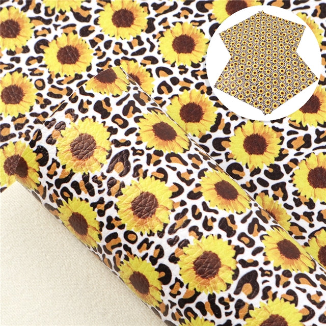 Sunflowers on Leopard Litchi Printed Faux Leather Sheet