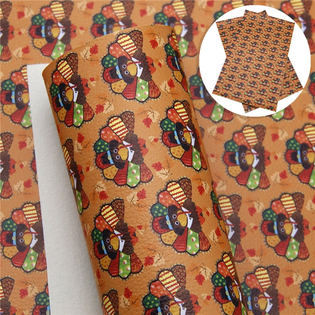 Thanksgiving Turkey Litchi Printed Faux Leather Sheet