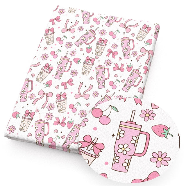 Cup Drink Strawberry Cherry Faux Leather Sheet – Cartoon Character Smooth Material for DIY Accessories FeeFiFauxLeather