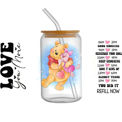 Minnie, Stitch and Pooh Valentine UV DTF Glass Can Wrap for 16 oz Libbey Glass, Permanent and Ready to Apply, UV dtf Cup Wrap ready to ship, Glass Can Wrap