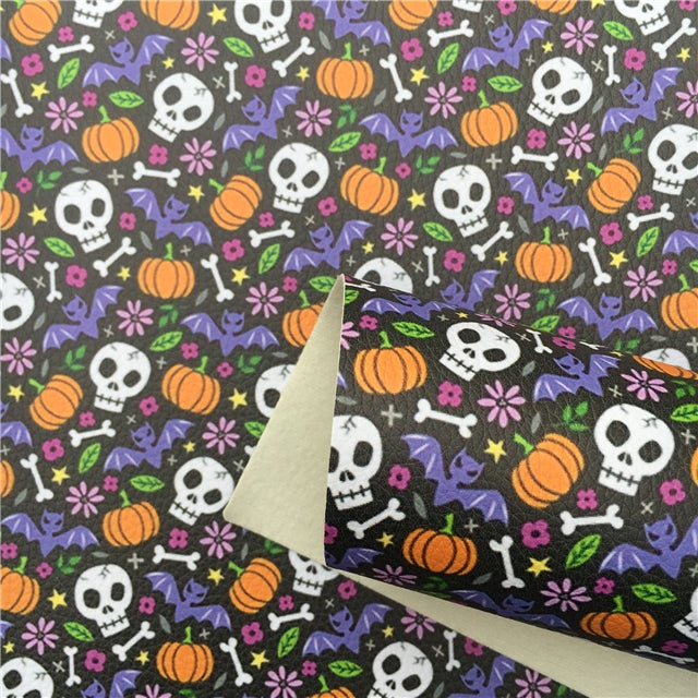 Skulls Halloween Litchi Printed Faux Leather Print Sheet