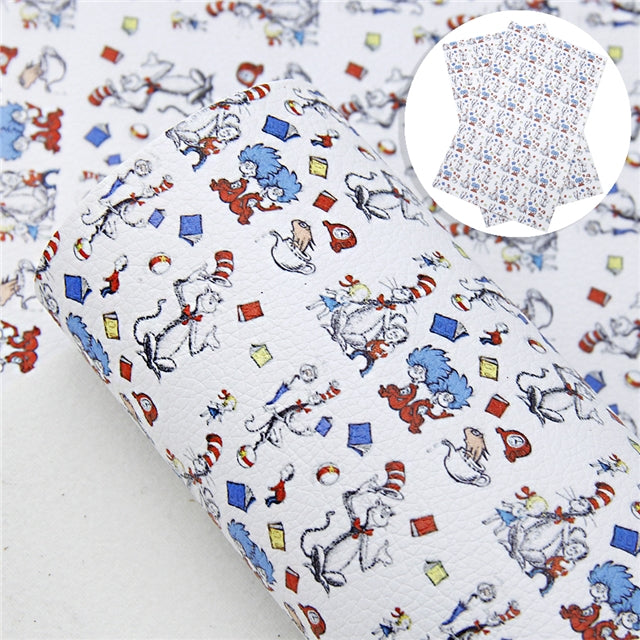 Dr Seuss The Cat In the Hat Litchi Printed Faux Leather Sheet Litchi has a pebble like feel with bright colors