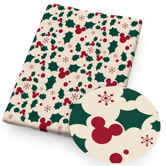 Mouse Holly Christmas Printed Faux Leather Sheet Litchi has a pebble like feel with bright colors