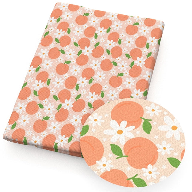 Peach Daisy Flower Printed Faux Leather Sheet Litchi has a pebble like feel with bright colors