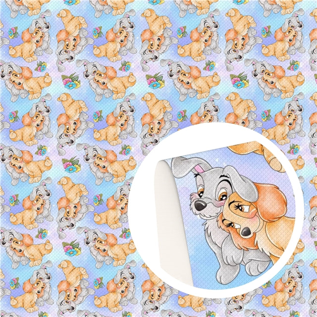 Lady and The Tramp Dogs Printed Faux Leather Sheet Litchi has a pebble like feel with bright colors