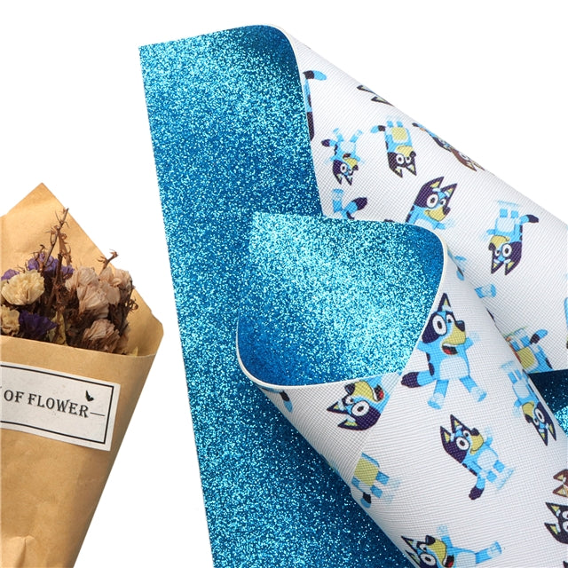 Blue Dog Glitter Double Sided Pattern Faux Leather Sheet