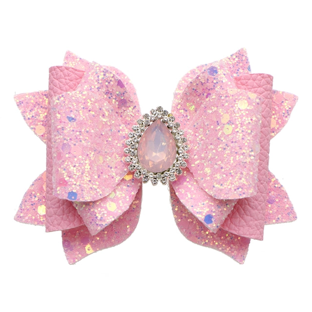 Pink bow with Rhinestone  Centerpiece Printed Faux Leather Pre-Cut Bow