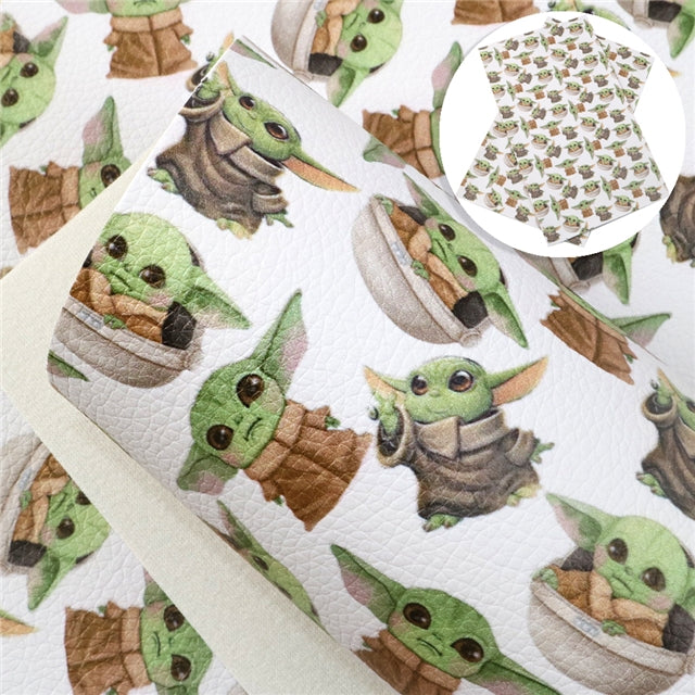 Baby Yoda Litchi Printed Faux Leather Sheet Litchi has a pebble like feel with bright colors