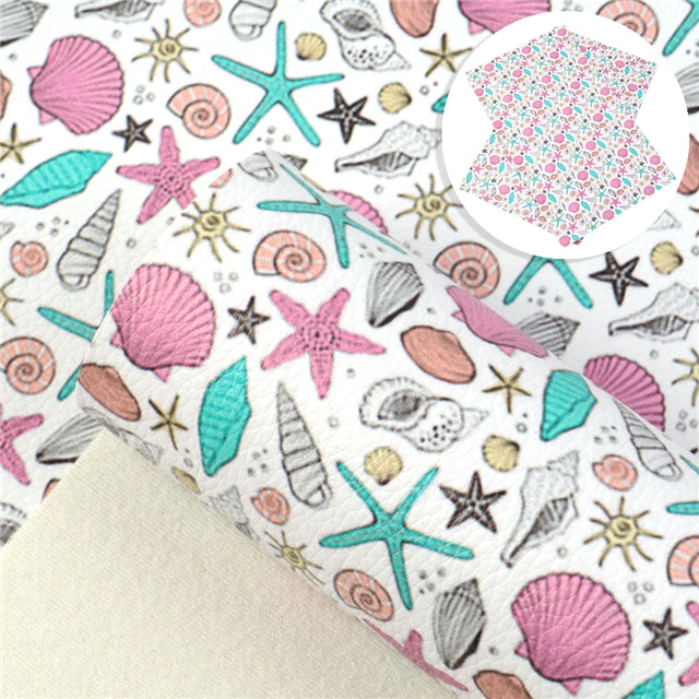 Sea Shells Printed Litchi Printed Faux Leather Sheet