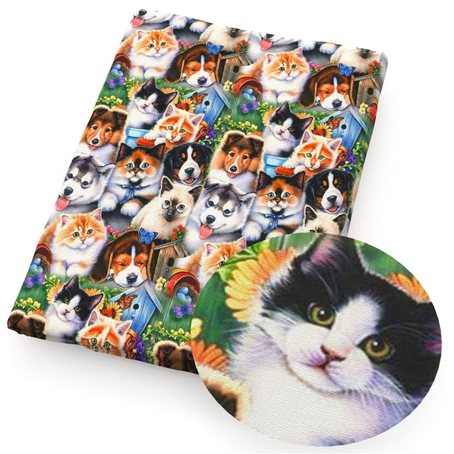 Cats and Dogs Printed Faux Leather Sheet Litchi has a pebble like feel with bright colors