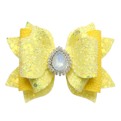 Yellow bow with Rhinestone Centerpiece Printed Faux Leather Pre-Cut Bow