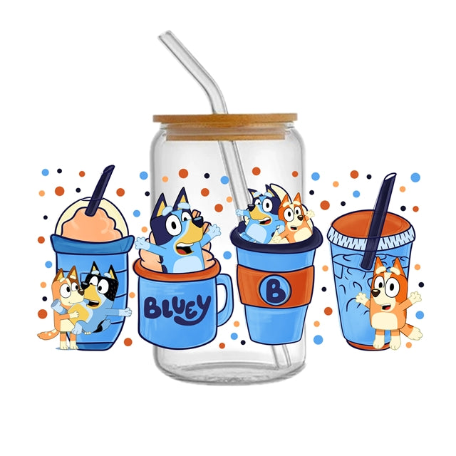 Bluey UV DTF Glass Can Wrap for 16 oz Libbey Glass, Permanent and Ready to Apply, UV dtf Cup Wrap ready to ship, Glass Can Wrap