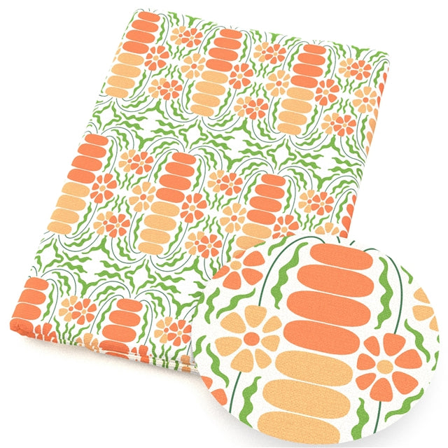 Peach and Green Floral Design Smooth Printed Faux Leather Sheet