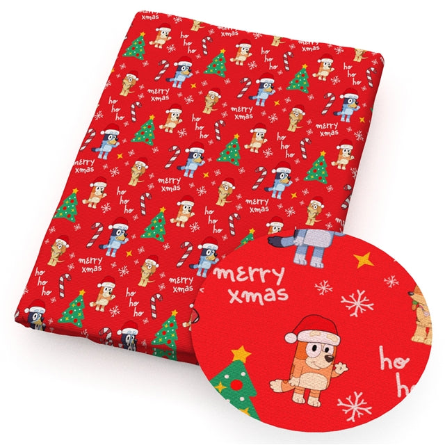 Blue Dog Christmas Printed Textured Liverpool/ Bullet Fabric with a textured feel