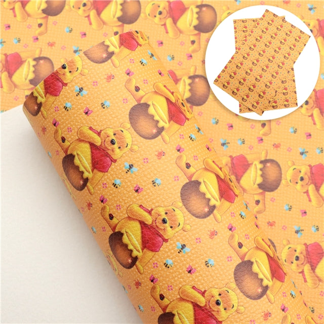 Winnie the Pooh Litchi Printed Faux Leather Sheet Litchi has a pebble like feel with bright colors