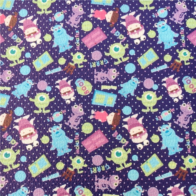 Monsters Inc Litchi Printed Faux Leather Sheet Litchi has a pebble like feel with bright colors