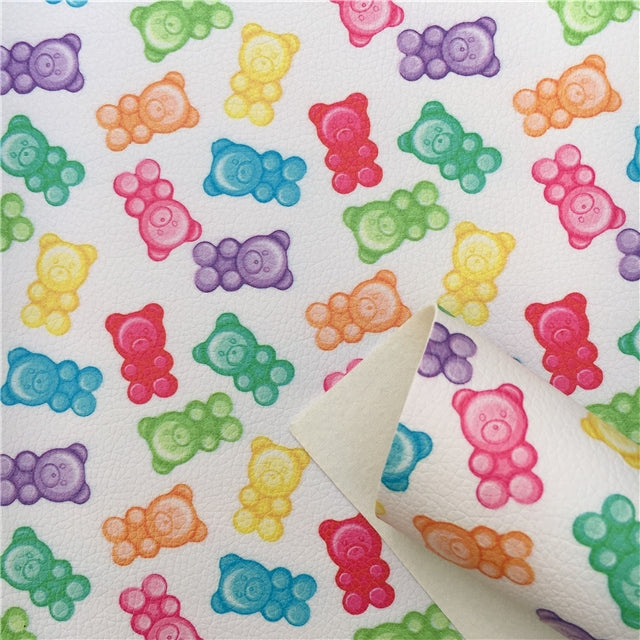 Gummy Bears Litchi Printed Faux Leather Sheet Litchi has a pebble like feel with bright colors