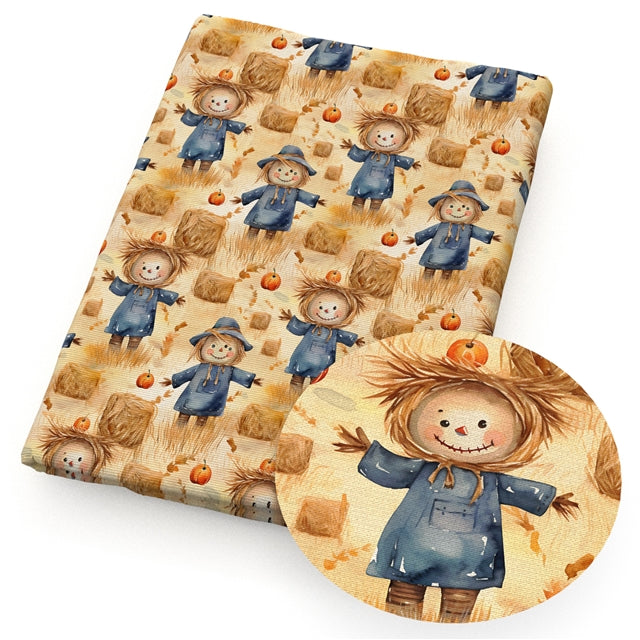 Fall Scarecrow Print Printed Faux Leather Sheet Litchi has a pebble like feel with bright colors