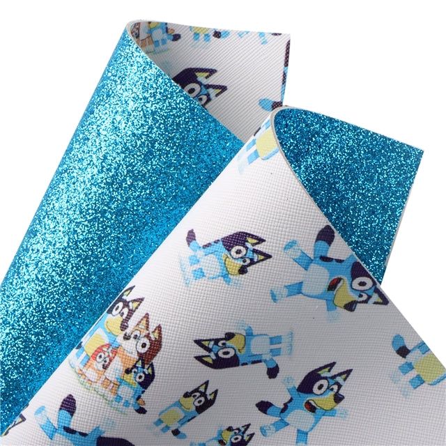 Blue Dog Glitter Double Sided Pattern Faux Leather Sheet