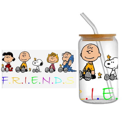 Snoopy and Friends Charlie Brown UV DTF Glass Can Wrap for 16 oz Libbey Glass, Permanent and Ready to Apply, UV dtf Cup Wrap ready to ship, Glass Can Wrap