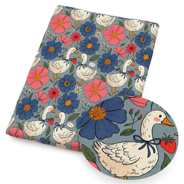 Blue Blossom Geese Printed Faux Leather Sheet FeeFiFauxLeather