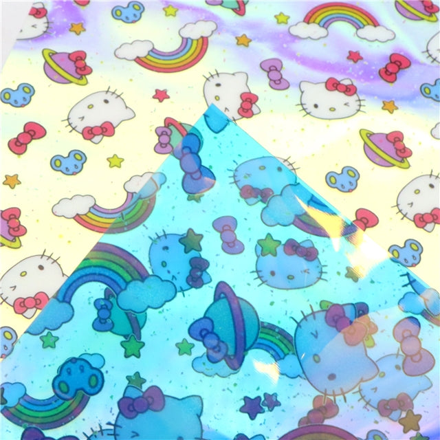 Cute Cat Holographic Printed Faux Leather Print Sheet