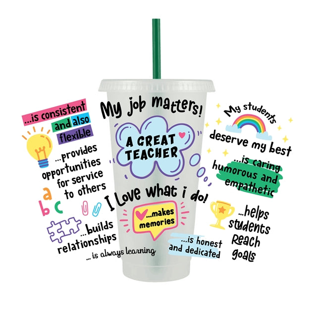 Teacher UV DTF Wrap for 24 oz Tapered Cup, Permanent and Ready to Apply, UV dtf Cup Wrap ready to ship