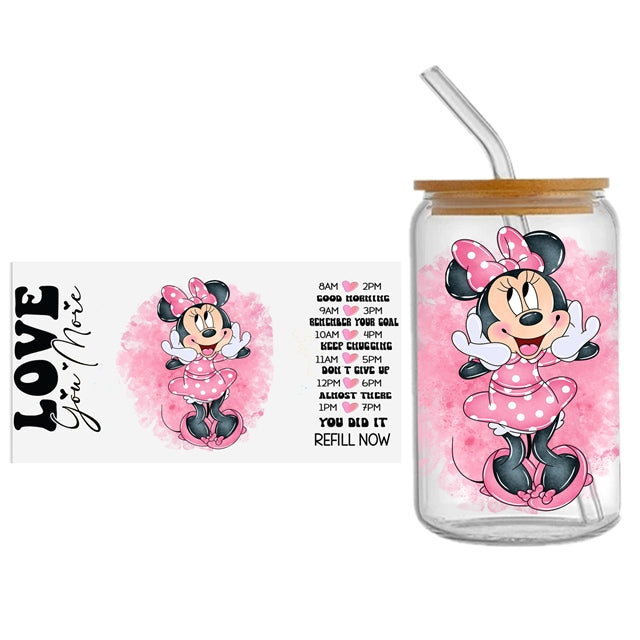 Minnie, Stitch and Pooh Valentine UV DTF Glass Can Wrap for 16 oz Libbey Glass, Permanent and Ready to Apply, UV dtf Cup Wrap ready to ship, Glass Can Wrap
