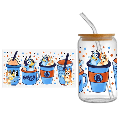 Bluey UV DTF Glass Can Wrap for 16 oz Libbey Glass, Permanent and Ready to Apply, UV dtf Cup Wrap ready to ship, Glass Can Wrap