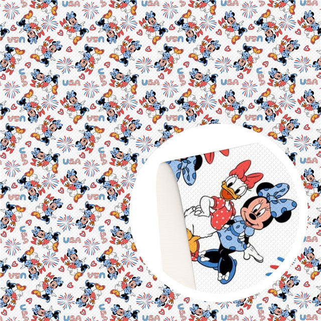 Red, White and Blue July 4th Mouse Printed Faux Leather Sheet Litchi has a pebble like feel with bright colors