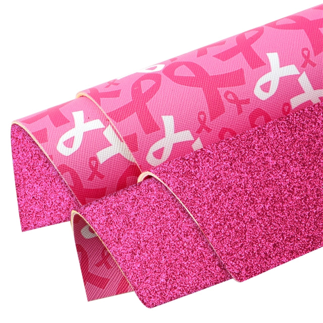 Breast Cancer Awareness Glitter Double Pattern Faux Leather Sheet FeeFiFauxLeather