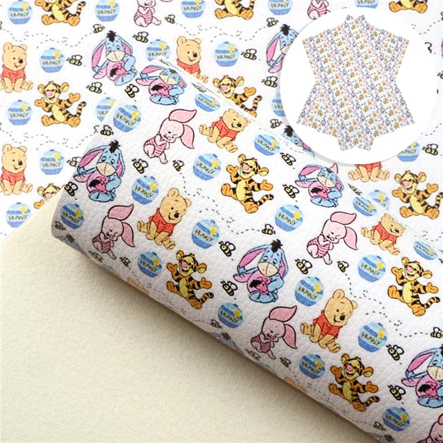 Winnie the Pooh Piglet Litchi Printed Faux Leather Sheet Litchi has a pebble like feel with bright colors