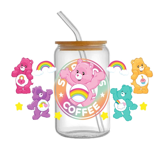 Carebears UV DTF Glass Can Wrap for 16 oz Libbey Glass, Permanent and Ready to Apply, UV dtf Cup Wrap ready to ship, Glass Can Wrap