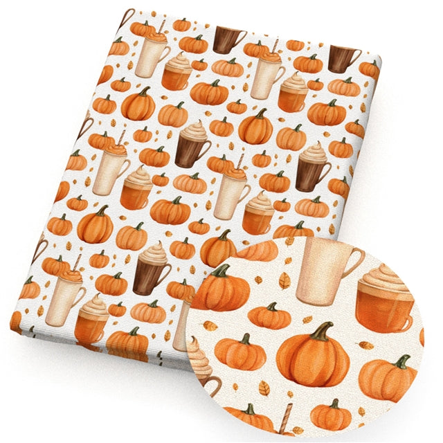 Pumpkin Fall Coffee Printed Faux Leather Sheet FeeFiFauxLeather