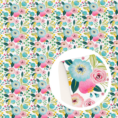 Flowers Floral Printed Faux Leather Sheet Litchi has a pebble like feel with bright colors