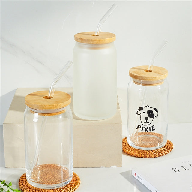 16oz Sublimation Glass Tumbler W/Bamboo Lid Transparent/Clear/Frosted