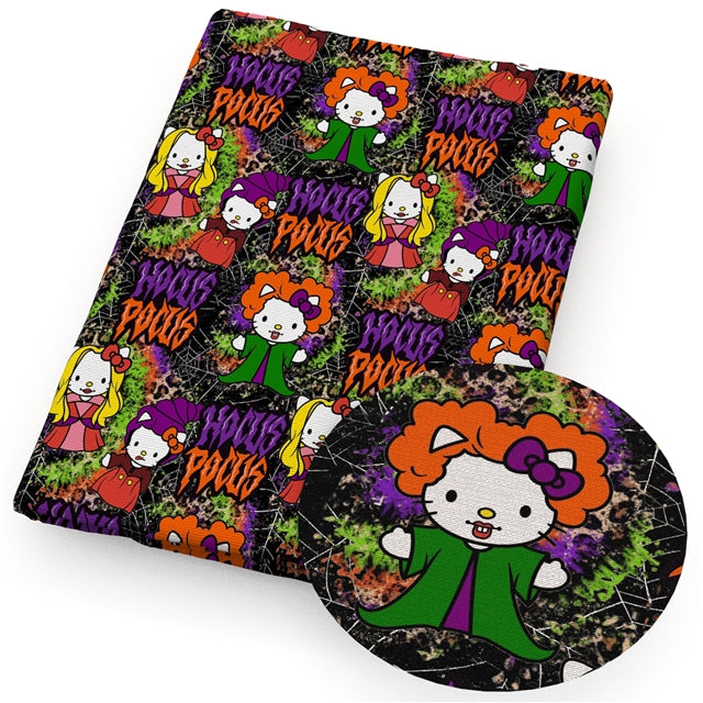 Hocus Pocus Halloween Printed Faux Leather Sheet Litchi has a pebble like feel with bright colors