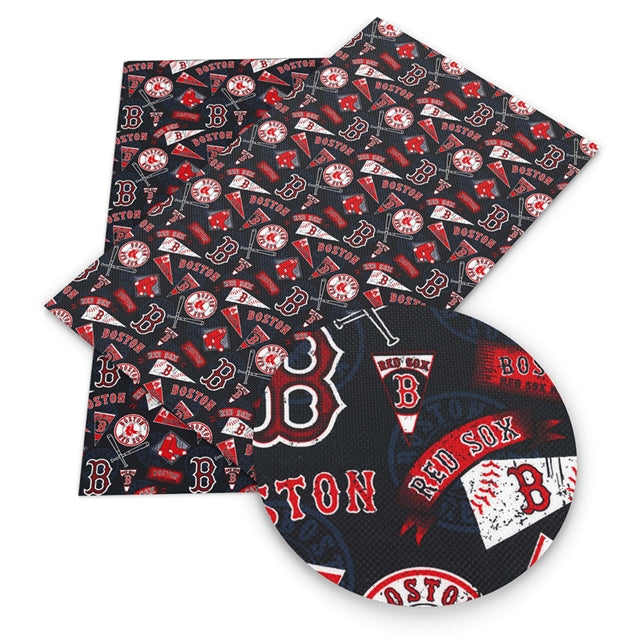 Red Socks Baseball Sport Printed Faux Leather Sheet FeeFiFauxLeather